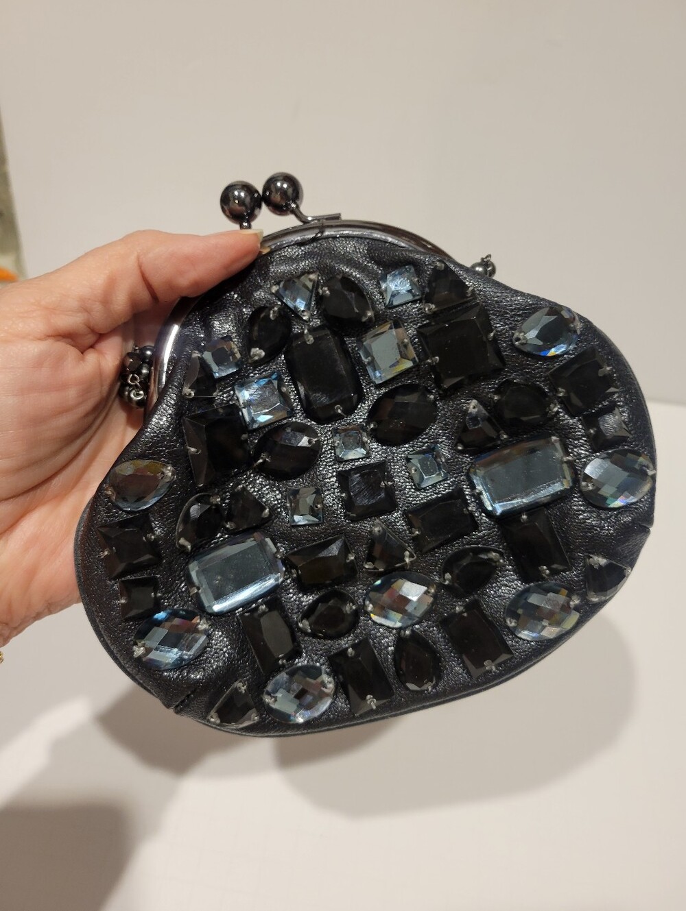 Vintage Black Jeweled Kiss-Lock  Clutch With Strap